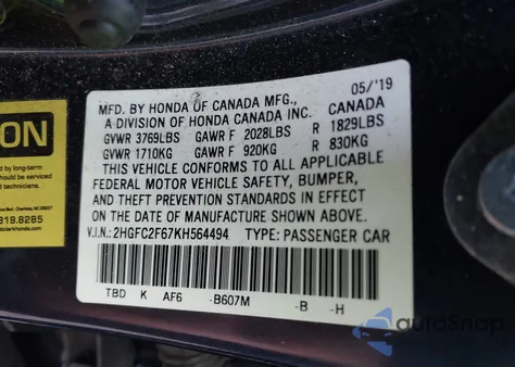 2019 Honda Civic Lx from USA, damaged, VIN 2HGFC2F67KH564494